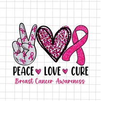 Peace Love Cure Png, Peace Love  Breast Cancer Awareness Png, Pink Cancer Warrior Png, Leopard Heart Pink Ribbon Png