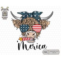 Merica Cow Cute Png, Highland Cow With Bandana Png, USA Flag Png, Fourth Of July Png, American Highland Cow Png, Cow 4th