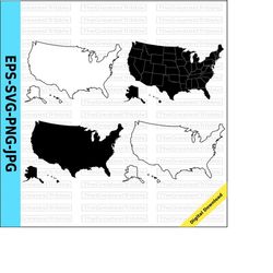 US States Map with Hawaii Alaska svg png jpg Vector Graphic Clip Art, Silhouette, Outline US Map svg eps jpg png