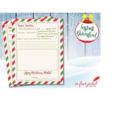 Dear Santa Letter // Santa Wish List // 8.5x11 Print // Instant Download Digital File