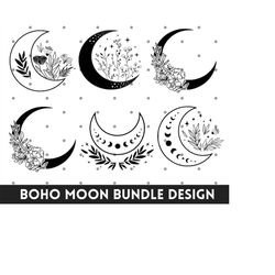 Boho Moon SVG, Moon Svg, Hippie Svg, Celestial Svg, Floral moon svg, Moon Stars Cricut, Instant Downlaod