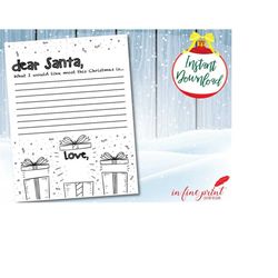 Coloring Page // Dear Santa Letter // Santa Wish List // 8.5x11 Print // Instant Download Digital File