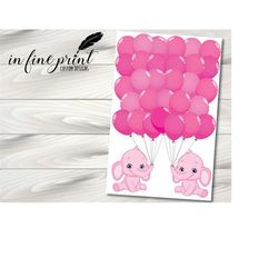 pink elephant balloons guest book, girl baby shower, signature guestbook alternative, sign poster nursery art // custom