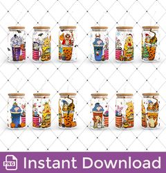 Bundle Winnie The Pooh Halloween Coffee 16oz Libbey Glass Can Tumbler, Hallothankmas Pooh Glass Can, PNG Download