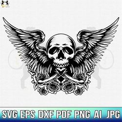 Skull With Wings SVG, Skull with Flowers SVG, Skull SVG, Skull and Roses Clipart, Skull Vector, Skull Cricut, Skull Cut