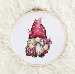 Gnome with a cherry cake Cross stitch