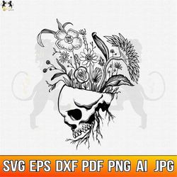Skull with Flowers SVG, Skull and Roses SVG, Skull SVG, Skull and Roses Clipart, Skull Vector, Skull Cricut, Skull Cut F