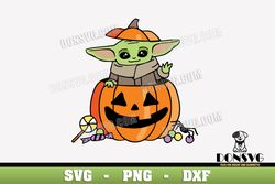 Grogu inside Halloween Pumpkin SVG Cut Files Cricut Baby Yoda Candies PNG image Star Wars DXF file