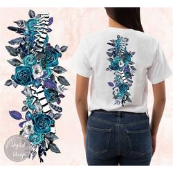 Spine Blue Turquoise Flowers Png, Floral Spine Sublimation Design, Skull Flowers Back Design, Rose Spine Design Png, Bon