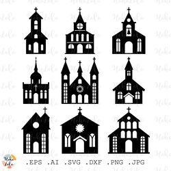 Church Svg, Church Silhouette, Easter Svg, Christmas Svg, Stencil Template Dxf, Clipart Png
