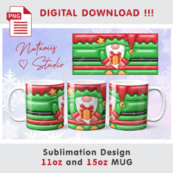 funny christmas elf pattern - 3d inflated puffy bubble style - 11oz 15oz mug - digital mug wrap