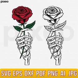 Skeleton Hand Rose Svg, Hands Death Svg, Skull Rose Svg, Flower Tattoo Svg, Skull Svg, Skeleton Holding Rose Svg, Skelet