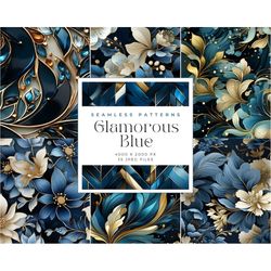 Blue Glamorous Seamless Pattern Digital Paper, Glam Digital Paper, Commercial Use, Seamless Digital paper