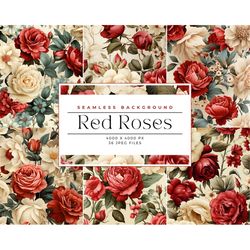 Watercolor Red Roses Seamless Pattern, Commercial Use Digital Download, Journaling, Watercolor Seamless Pattern Tiles