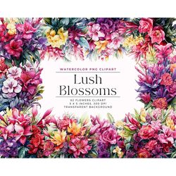 Lush Blossoms Watercolor Clipart Flowers PNG, Fuchsia Pink, Lavender, Yellow Watercolor Floral Clipart Bouquets, Digital