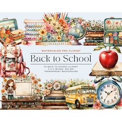 Back to School Clipart, Watercolor Teacher Clip Art, Commercial Use, Crayons, Pencils, Blackboard, Supplies Commercial U