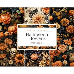 Halloween Floral Backgrounds, Floral Halloween Digital Paper, halloween Florals, seamless flower backgrounds, Commercial