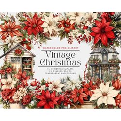 Christmas Vintage Watercolor PNG Clipart Images - Watercolor Christmas Clipart, Holiday Clipart Commercial License