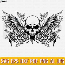 Skull With Wings SVG, Skull with Flowers SVG, Skull SVG,  Skull and Roses Clipart, Skull Vector, Skull Cricut, Skull Cut