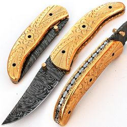 Custom Handmade Damascus steel  8'' Folding Pocket knife with sheath