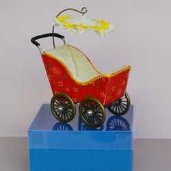 Miniature toy stroller for a little doll. Handmade miniature stroller for small dolls. Stroller for dolls 2,76"(7 cm.)