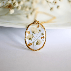 Gold  Baby's Breath necklace Resin Pressed flowers