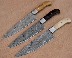 custom handmade damascus chef knife kitchen knife fixed blade knife with sheath lot of 3