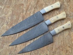 Custom Handmade Damascus Chef Knife kitchen knife fixed blade knife with sheath Lot of 3