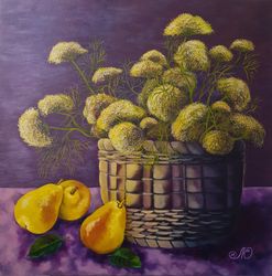 Pear Painting Still Life Art Wildflowers Bouquet Wall Art Canvas Oil Painting