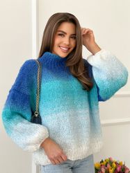 Blue Oversized Knit Sweater, Spring Colorful Pullover, Home Alone Sweater, Cute Knitted Sweater