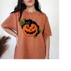 Comfort Colors Black Cat On Pumpkin shirt, Shirt For Fall, Black Cat T-shirt, Halloween Black Cat Design, Fall Shirt, Ip