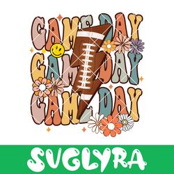 Game Day Football Svg, Leopard Bolt Svg, Retro Groovy Flower Smile Face Game Day Svg Digital Download