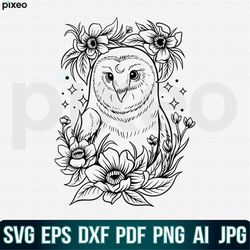 Owl With Flowers Svg, Owl Svg, Owl Flower Svg, Owl Head Svg, Owl Clipart, Owl Cricut, Owl Cut file, Owl Moon Shirt, Owl