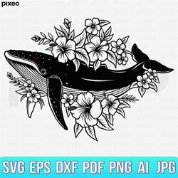 Whale With Flowers Svg, Whale Svg, Whale Flower Svg, Whale Tail Svg, Whale Clipart, Whale Cricut, Whale Cut file, Whale