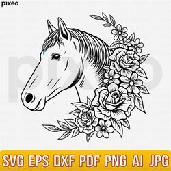 Horse With Flowers Svg, Horse Svg, Horse Flower Svg, Horse Head Svg, Horse Clipart, Horse Cricut, Horse Cut file, Horse