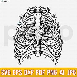 Rib Cage Floral Svg, Ribcage Flowers Svg, Skeleton Rib Cage Svg, Skeleton Svg, Flower Ribs Svg, Skeleton Chest Clipart,