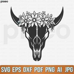 Cow Skull with Flowers Svg, Cow Skull Svg, Cow Svg, Bull Svg, Cow Skull Floral Svg, Cow Skull Boho Svg, Cow Clipart, Cow