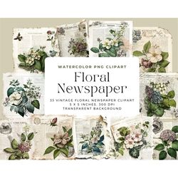Vintage Floral Newspaper PNG, Vintage Scrapbook Clipart Newspaper, Floral Elements, Commercial Use, Digital Clipart PNG