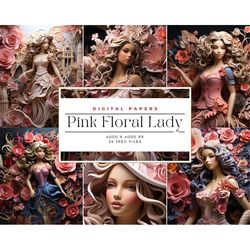 Pink Floral Lady Digital Paper Backgrounds, Princess Digital Paper Doll Kit Digital,instant download, Commercial Use, Di