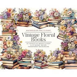 Vintage floral books watercolor clipart, Vintage Floral Books, Vintage Books illustration, Commercial License