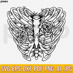 Rib Cage Heart With Rose Svg, Ribcage Flowers Svg, Skeleton Rib Cage Heart  Svg, Skeleton Svg, Flower Ribs Heart Svg, Sk