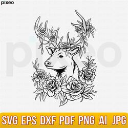 Deer With Flowers Svg, Deer Svg, Deer Flower Svg, Deer Head Svg, Deer Clipart, Deer Cricut, Deer Cut file, Deer Shirt, D