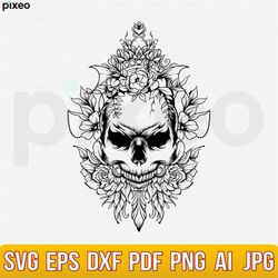 Skull with Flowers SVG, Skull SVG,  Skull and Roses Clipart, Skull Vector, Skull Cricut, Skull Cut Files, Skull Shirt, S