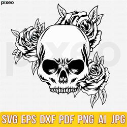 Skull And Roses Svg, Skull With Flowers Svg, Skull Svg, undefined Skull And Roses Clipart, Skull Vector, Skull Cricut, Skull Cut