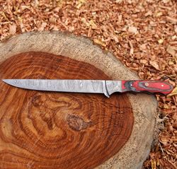 Hand Forged Damascus Fillet Knife For Fishing With Leather Sheath EXOTIC RED PAKKA WOOD