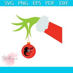 Baltimore Orioles Grinch Hand Holding Christmas Svg, Grinch Christmas Svg Design Download