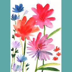 Red blue watercolor flowers painting sketch art print. Watercolor wildflowers printable