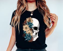 Bloom Skull Shirt, Halloween Shirt, Floral Skull Boho Graphic Tee, Womens Fall Shirt, Flower Skull Skeleton T-Shirt, Ske