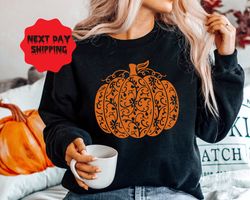 Enchanting Halloween Pumpkin Sweatshirt - Spooktacular Gift for Women, Featuring Floral Pumpkin Design
