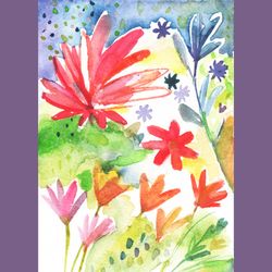 Watercolor floral painting sketch art print. Watercolor summer wildflowers printable